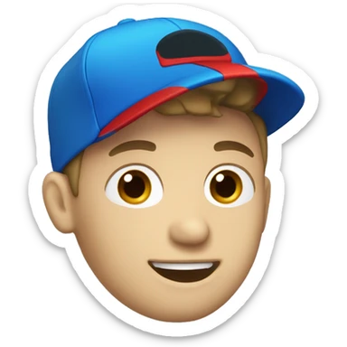 White boy with red cap with blue brim and a microphone sticker