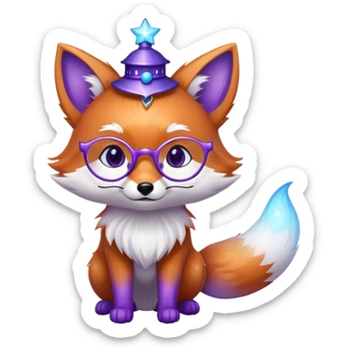 Heart eyes 😍 — a small magical fox with shimmering purple and blue fur, a glowing fluffy tail, a silver star on its forehead, round glasses, and a tiny lantern. sticker