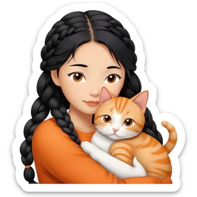 Young Asian woman with braided black hair cuddling a white and orange tabby cat, gentle embrace, affectionate pose sticker