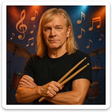Make the blonde male drummer look older with mature facial features and subtle signs of age, while keeping the long top hair with bangs and confident look. sticker