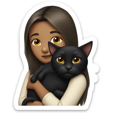 girl with long brunette hair snuggling black cat sticker