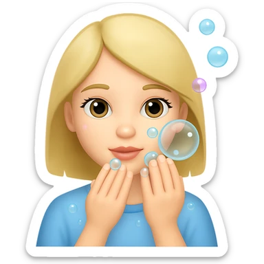 Edit the image of a girl washing her face with bubbles, blonde hair, same style as the original, with no background. sticker