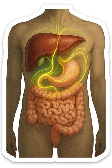 A detailed anatomical illustration-style image focusing on the human torso, highlighting the liver, gallbladder (cistifellea), and intestines. The organs are shown with realistic textures and colors: the liver in deep reddish-brown, the gallbladder as a small greenish sac tucked under the liver, and the intestines in soft pinkish hues. Connecting these organs are glowing, semi-transparent lines or light trails in vibrant colors (e.g., bright yellow or green) that visually trace the functional and physiological links between them. The lines flow smoothly from the liver to the gallbladder and then down to the intestines, symbolizing bile flow and digestive processes. The background is a subtle dark gradient that enhances the brightness and clarity of the lines and organs. The style is a blend of medical illustration and modern digital art, clear, precise, and visually engaging sticker