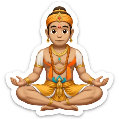 Hanuman ji seated and praying with close eyes with golden mukut and only in dhoti no upper wearings and tail behind sticker