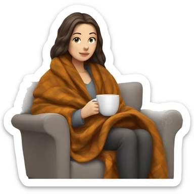 Brunette white girl covered in blanket autumn vibe sitting on a cozy chair holding coffee, window on the background sticker