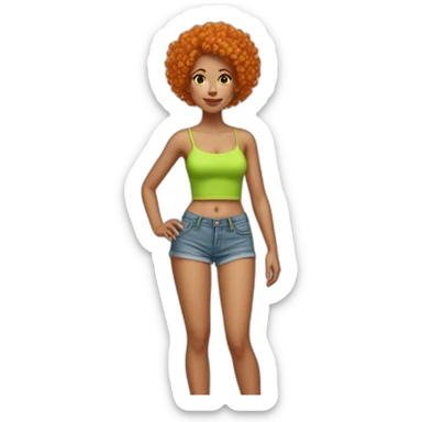 Woman with very short orange curly hair wearing a lime green tube top and very short jean shorts sticker