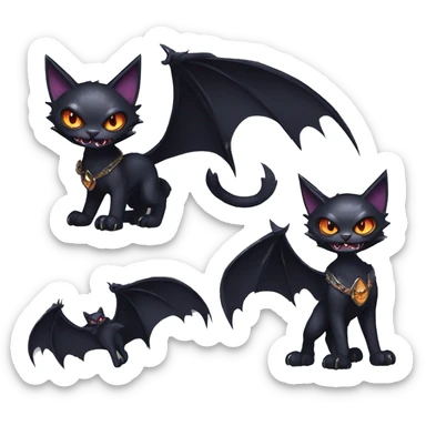  cool edgy fantasy dark-themed animal vampiric cat-hybrid Fakemon with fangs and bat-wing-ears with a collar full body sticker