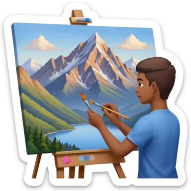 Artist painting a beautiful mountain peak destination on canvas sticker