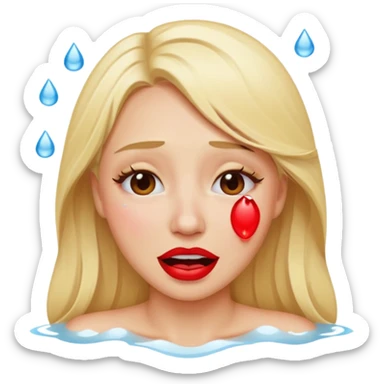 blonde having crying emoji tears (water-emoji) from hard laughter. really happy in general, happy eyes. red lipstick sticker