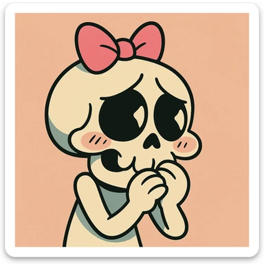 a shy skull with a pink bow, cartoon style, bold lines, vibrant colors, playful and expressive sticker