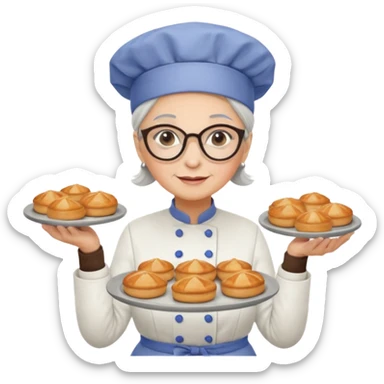 Older female pastry chef – round glasses, oven mitts on, holding a tray of pastries.

 sticker
