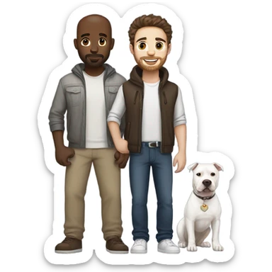 white male with dark brown hair and a lightly scruffy beard shadow standing alongside a white pitbull sticker