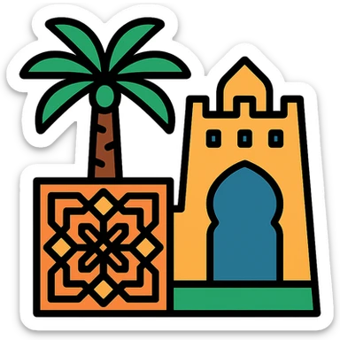 icon representing Saudi culture with palm trees, traditional architecture, and Arabic patterns, clean modern style sticker