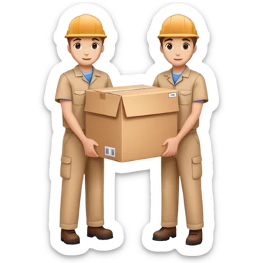 two suppliers standing together holding a big box, both wearing caps and work uniforms sticker