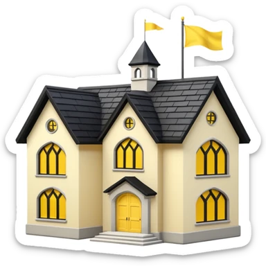 simple magic school, low detail, white background, magic school, black roof, with a big flag, big flag on a roof, big yellow flag, white school sticker