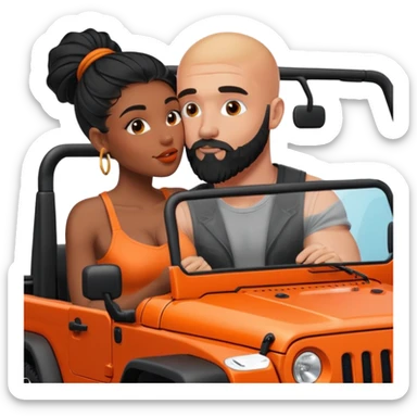 Intimate moment between lovers, real photo Realistic Couple, black woman with long black balayage hair is kissing bald white muscular man with orange facial hair and beard in a red Jeep Wrangler  sticker