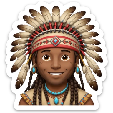 Black American man dark brown with dreads with a American Indian headdress with a laughing face sticker