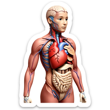 "A highly detailed 3D anatomical model of a full-body human, cutaway view revealing internal organs such as the heart, lungs, liver, stomach, intestines, and brain. One half of the body shows realistic skin, while the other half exposes the internal anatomy. Medical illustration style, realistic lighting, neutral background, hyper-detailed, scientific accuracy, 8K resolution sticker