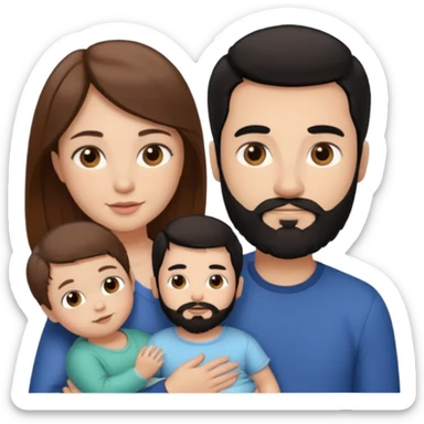 Una mujer con pelo castaño y ojos marrones y un hombre con pelo negro y barba y un bebe sticker