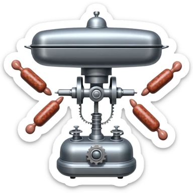 sausage-processing droid. retro-futuristic style. top is a circular industrial meat grinder with rotating gears and blades. Two robotic arms feed material into grinder. Sausage links extrude from the rear like  factory. The body is metallic, compact, and floats above the ground.no legs. Dark humor sticker