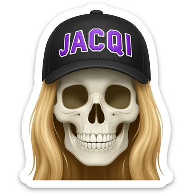 Create a skeleton head wearing a black baseball cap that says " JACQUI " in purple, and white lettering, with long blonde hair sticker
