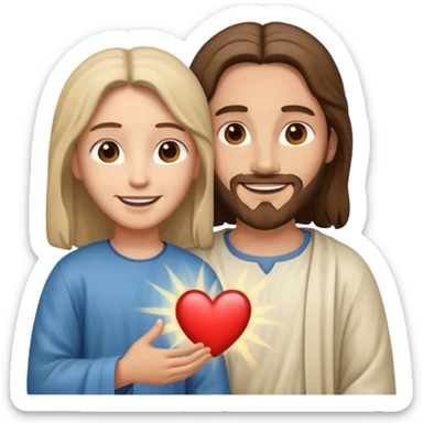 Jesus and a person smiling together, a heart between them sticker