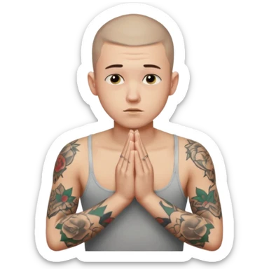 A 20 year old white man with a buzz cut and tattoos all over his arms and chest. Pleading face with hands praying  sticker