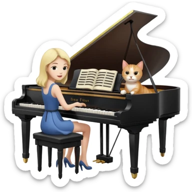 woman playing piano while her cat sits on top of the piano sticker