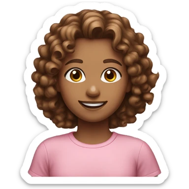 Girl with brown curly hair white skin hazel eyes pink shirt smiling  sticker