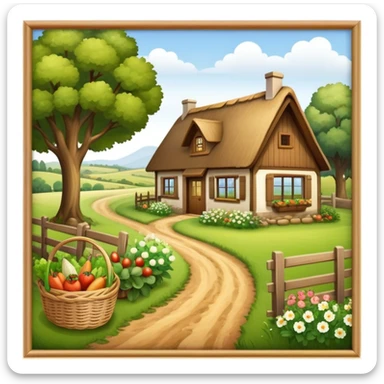Icon for Rural Tourism: a peaceful countryside scene with a wooden cottage, a dirt path, grazing animals, and a basket of fresh produce. The icon should represent the tranquility and charm of rural life. Transparent background. sticker