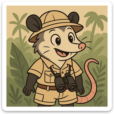 cute cartoon possum dressed up for a safari in the jungle, vibrant and playful flat toon style sticker