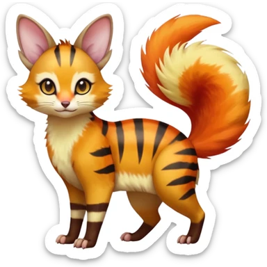 Neon-orange-yellow-red-brown-gradients divine beautiful elegant pretty precious cute young youthful  Fakémon-Pokémon-alien-opossum-feline-serval-caracal-chinchilla-Minccino-hybrid-creature with a big fluffy bushy striped tail (full body) sticker