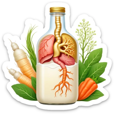 Probiotic foods (yogurt, kefir, kombucha bottle, miso, kimchi, sauerkraut) surrounding a glowing intestinal system. Tiny beneficial bacteria represented as golden particles flow between the foods and the intestine, creating a garden-like ecosystem of inner harmony and health. sticker