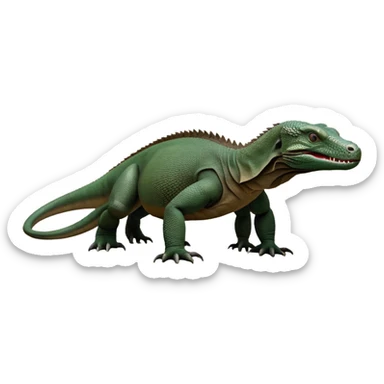 cinematic-komodo-dragon-realistic-full-body-standing on all fours-emoji,-massive-scaled-body-poised-with-quiet-power,-rough-textured-skin-dark-green-and-dark brown, black,-head-tilted-dramatically,-long-forked-tongue-flicking-out,-simplified-yet-realistic-focused-features,-highly-detailed,-glowing-with-an-almost-sarcastic-glow

 sticker