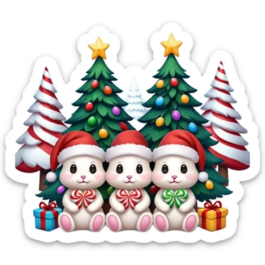 Christmas Bunnies with Santa hats sitting by brightly lit glowing colorful Christmas trees and candy canes 🎁  sticker