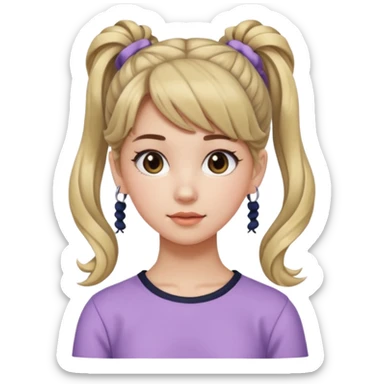 Teenage girl, wearing a cute and aesthetic outfit, with her hair tied up in a high ponytail, and with side bangs also front bangs, her hair wavy sticker