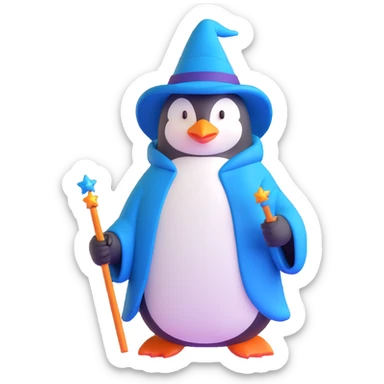 penguin wizard with a blue robe and magic wand sticker