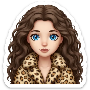 Brunette girl with long wavy hair and blue eyes in fluffy leopard fur coat  sticker