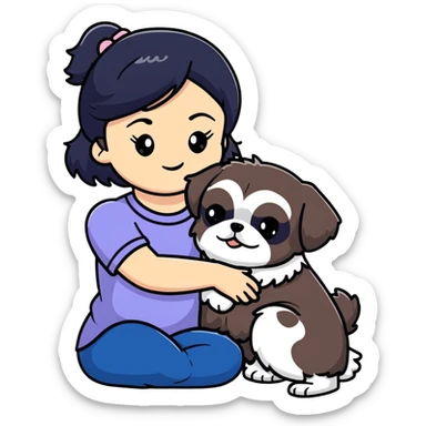 A girl with black hair hugging a Shih Tzu dog sticker
