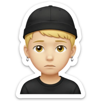 Create me an emoji like that, sad, with earrings, a black cap backwards, yellow skin like an emoji, and short hair down to the nape of my neck. Let it be a boy sticker