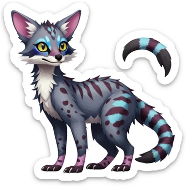 Feral Rare Fantasy dark colorful pastel vibrant Vernid-Sergal-Genet-Trico-species by LiLaiRa, random markings, tufted tail, tufted ears, full body sticker
