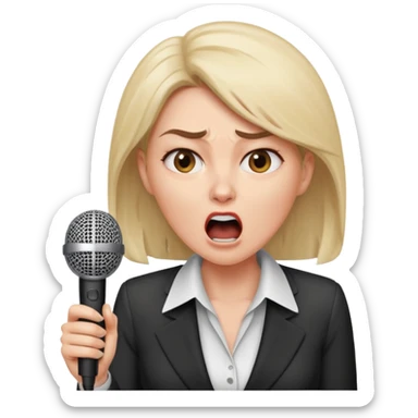a office woman presenting her idea with microphone
a manager yelling in anger
the office woman stops and fears sticker