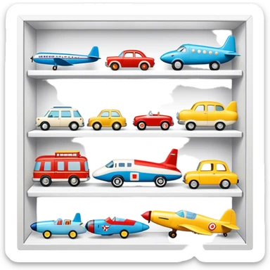 Icon for Toy Collecting: a collection of various vintage toys such as dolls, tumblers, cars, planes, ships, action figures and plush animals, displayed neatly on shelves or in display cases. The icon should evoke the joy and nostalgia of collecting toys. Transparent background. sticker