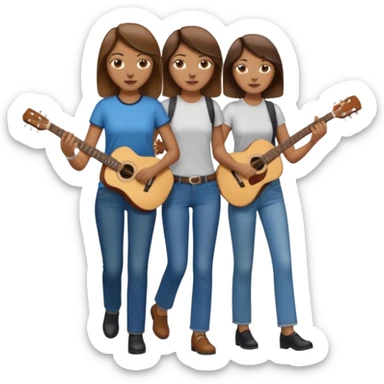 based on emoji style, like this "💁🏻‍♀️" "💁🏽‍♂️" "💁🏻", two people walking together, one is brown-haired woman, wearing business casual, holding a guitar; another one is a non-binary person, wearing t shirt and jeans, and this person doesn't have anything on their hands. they are walking together. sticker