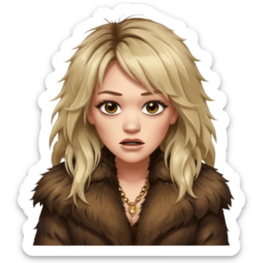Cinematic realistic ultra HD up profile, angry, glamorous extremely made up Hilary Duff extremely long long hair in shaggy fur coat with bronze flash sticker