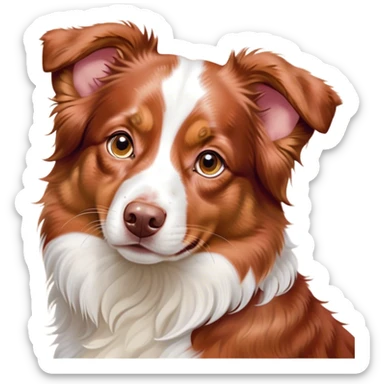 Cinematic Cute Red Merle Australian Shepherd Portrait Emoji, Head tilted playfully and inquisitively, soft red merle fur with delicate white markings, round, sparkling amber eyes filled with curiosity, Simplified yet irresistibly adorable features, highly detailed, glowing with a warm, friendly glow, high shine, affectionate and lively, stylized with a touch of whimsy, bright and endearing, soft glowing outline, capturing the essence of a mischievous yet loving pup, so playful it feels like it could bound out of the screen and into your arms! sticker