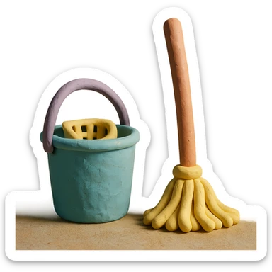 bucket and mop in claymation style, pastel colors, visible fingerprints, soft matte finish sticker