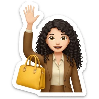 medium deep tan brown business woman with long black curly hair, waving hand with happy face with smile mouth and carrying bag on her shoulder and the other hand holding yellow stanley tumblr sticker