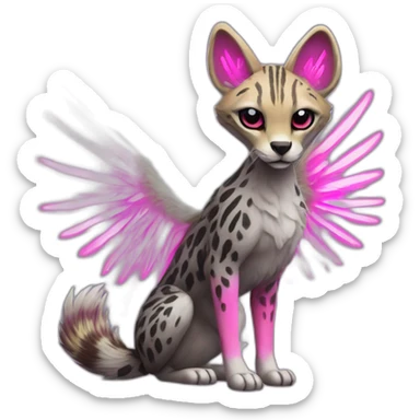 Coyote ocelot standing with grey and black fur and phoenix wings on back and pink ears half skeleton, neon lights sticker