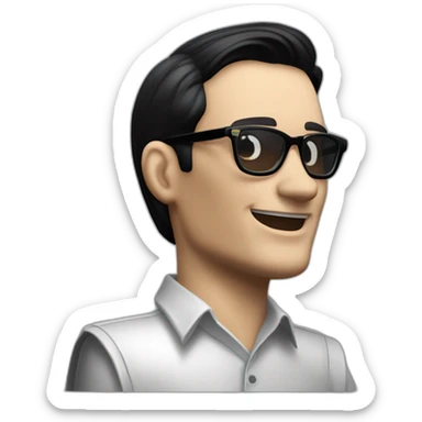 small photo realistic right arm waving not smilling Ralf Hutter from Kraftwerk, short straight black hair, Dark Brown eyes, black glasses, thin, black shirt, left side view sticker
